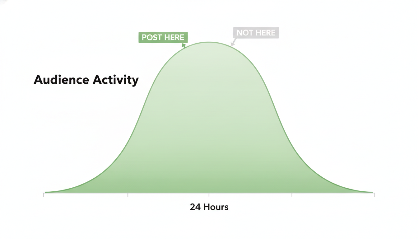 Diagram showing an audience activity curve with an arrow marking the ideal moment to post just before the peak