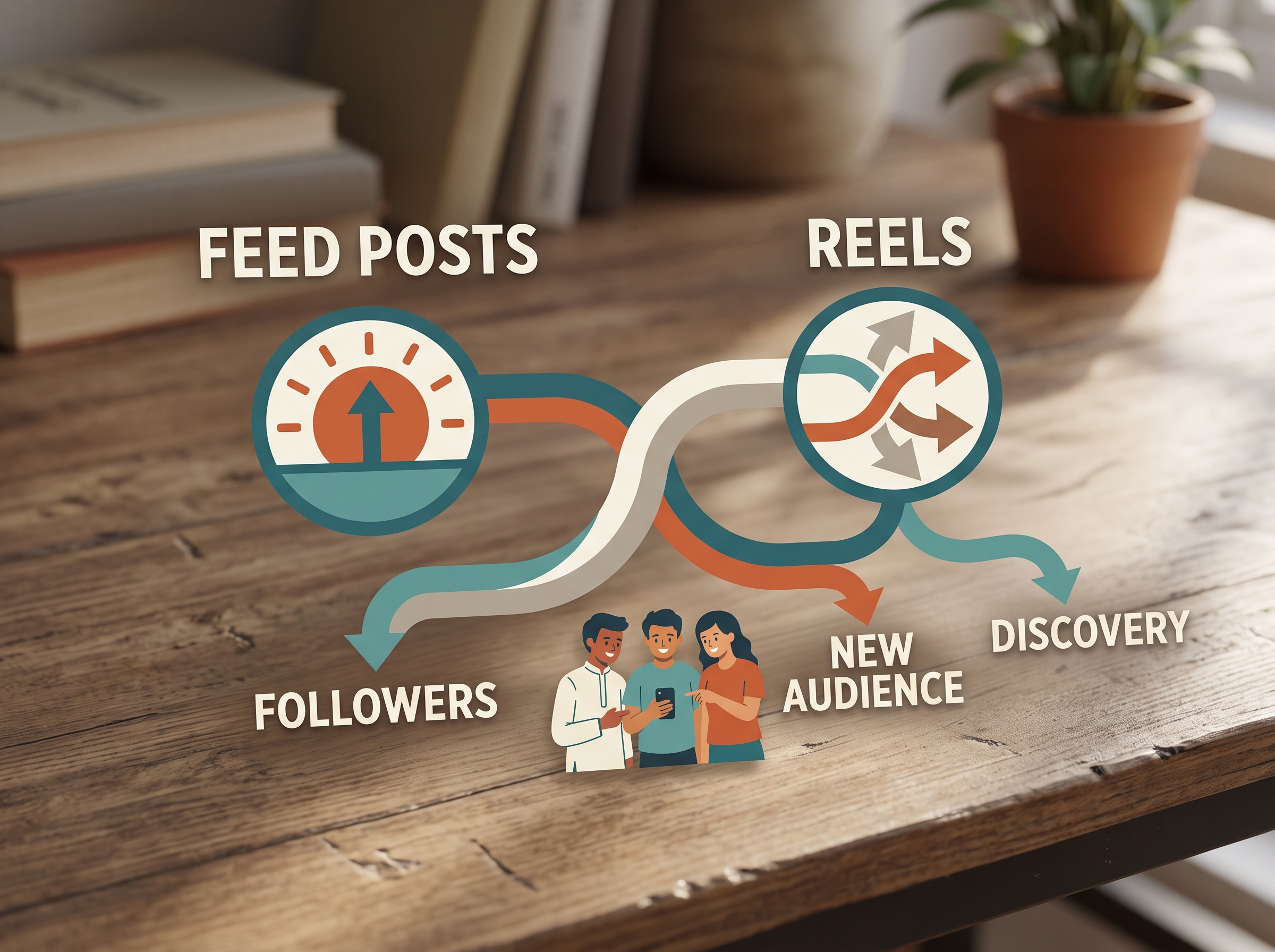 Diagram showing how a Reels post's reach flows toward new audience discovery compared to a feed post's reach flowing mainly to existing followers