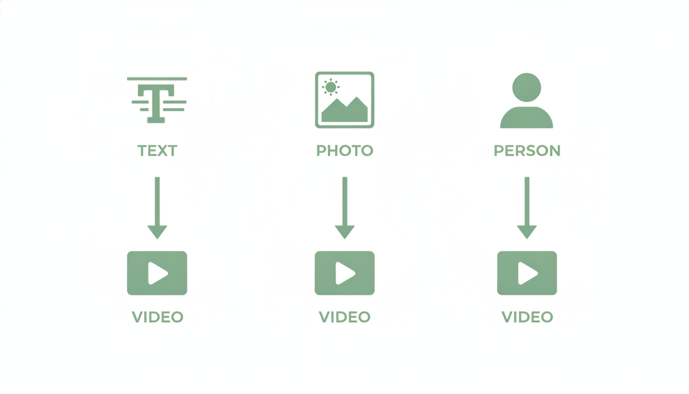 Diagram comparing text-to-video, image-to-video, and avatar-based generation approaches