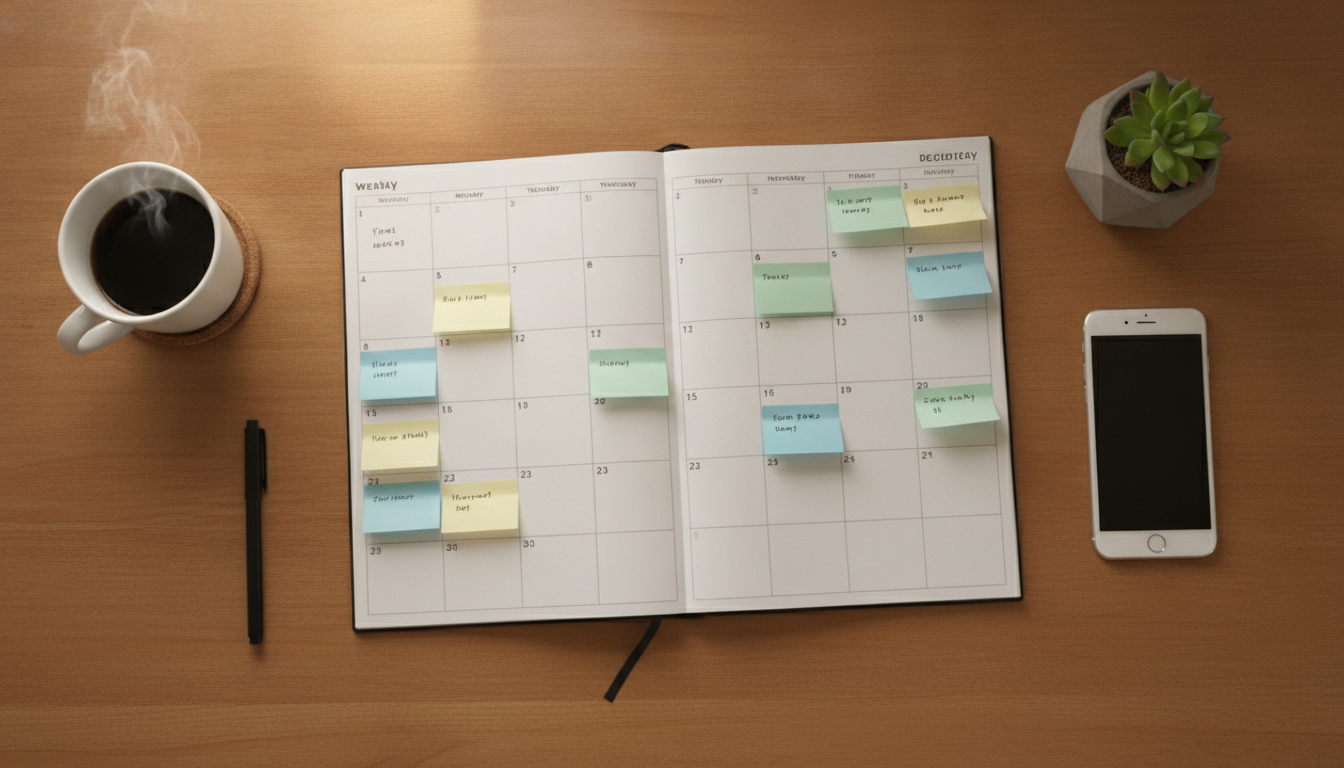 A weekly content calendar with posting time slots filled in