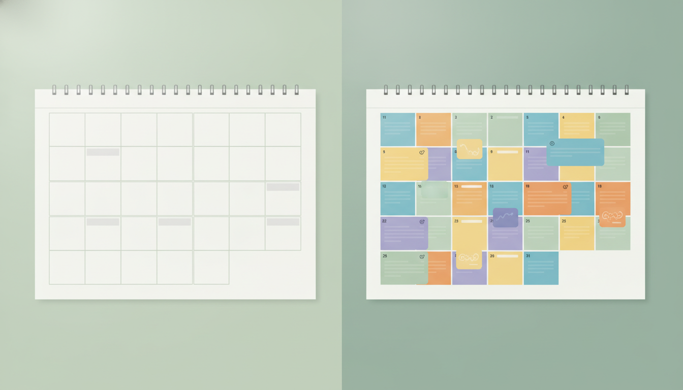 Empty content calendar next to a full content calendar showing the difference