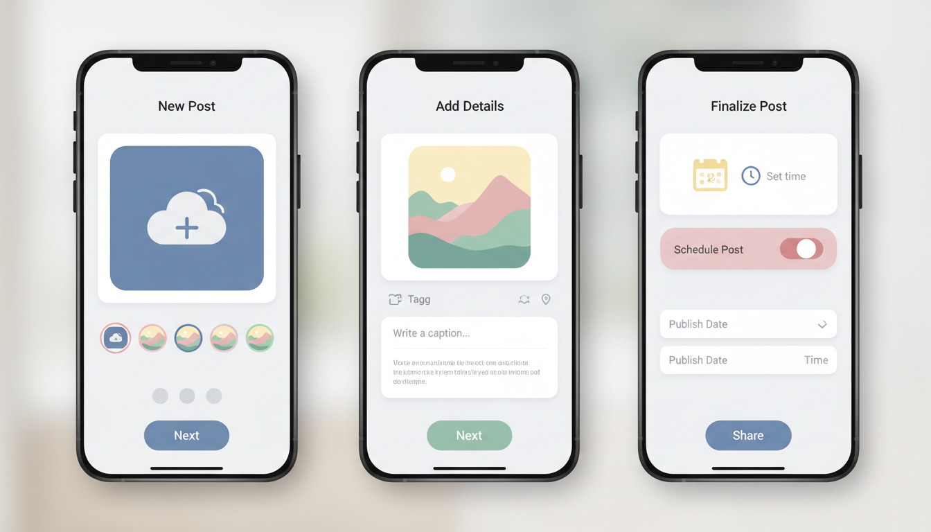 Step by step mobile app screens showing how to schedule a post