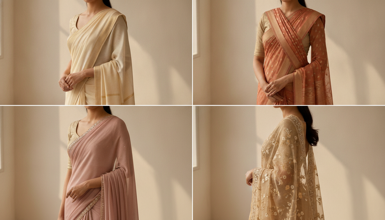 Grid of different saree draping styles for product photography