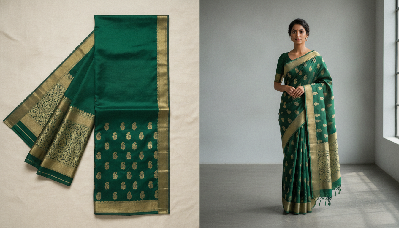 Side by side comparison of flat-lay saree photo versus model-worn saree photo
