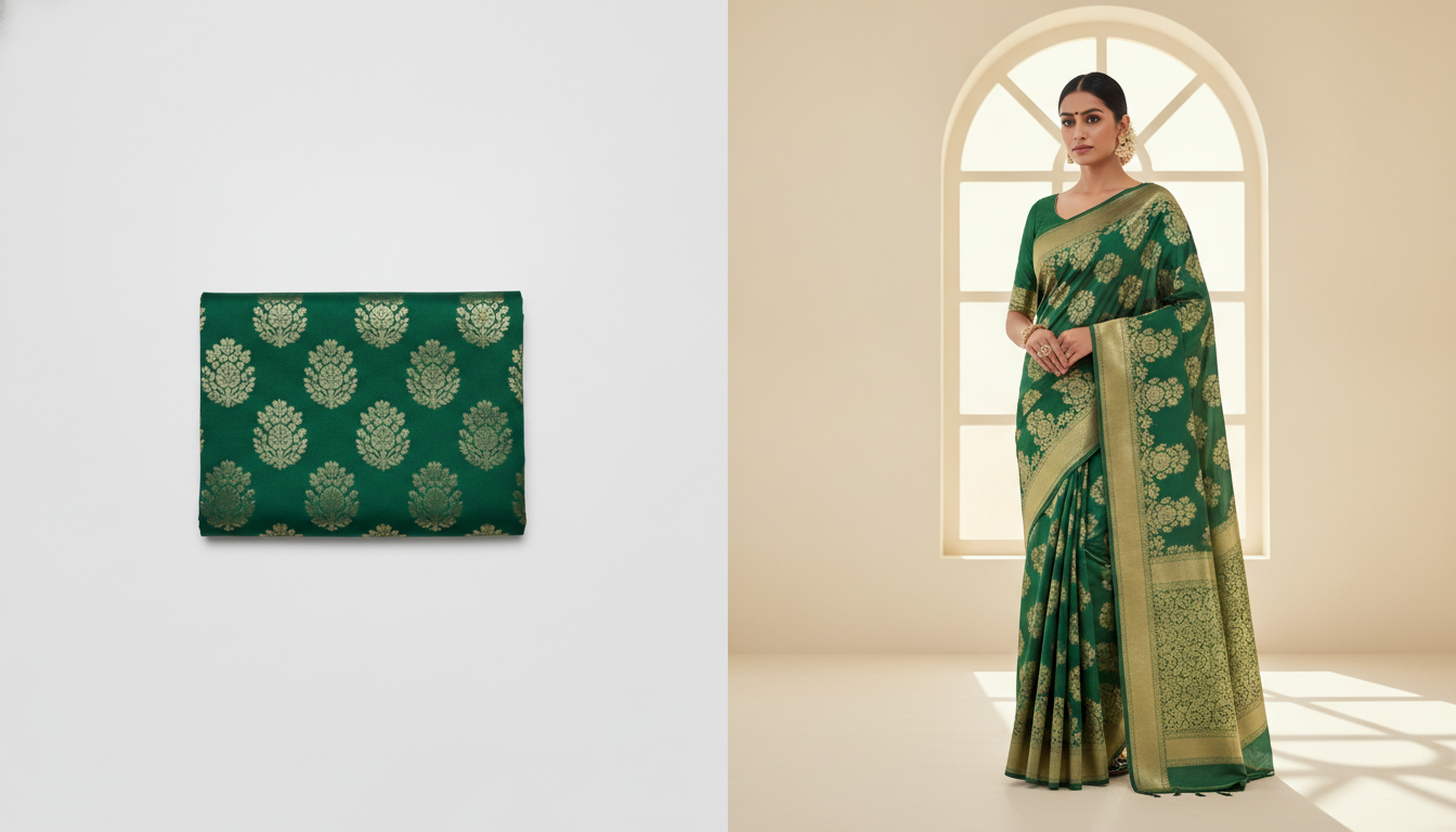 Before and after transformation of a plain saree photo into a styled AI model photoshoot