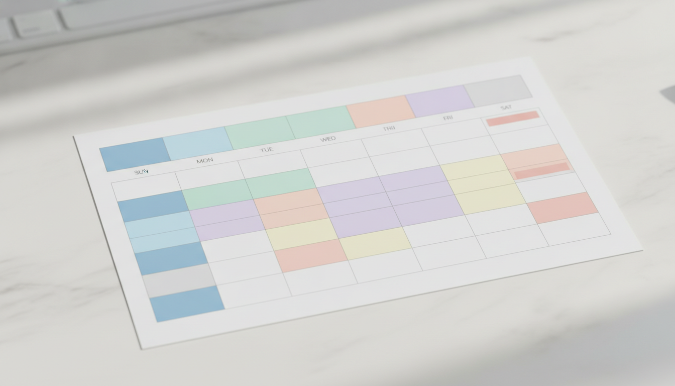 Color-coded weekly content calendar grid mockup