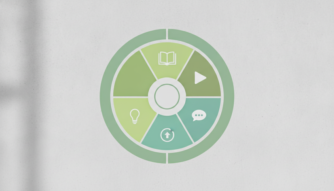 Circular wheel diagram showing five content pillar categories