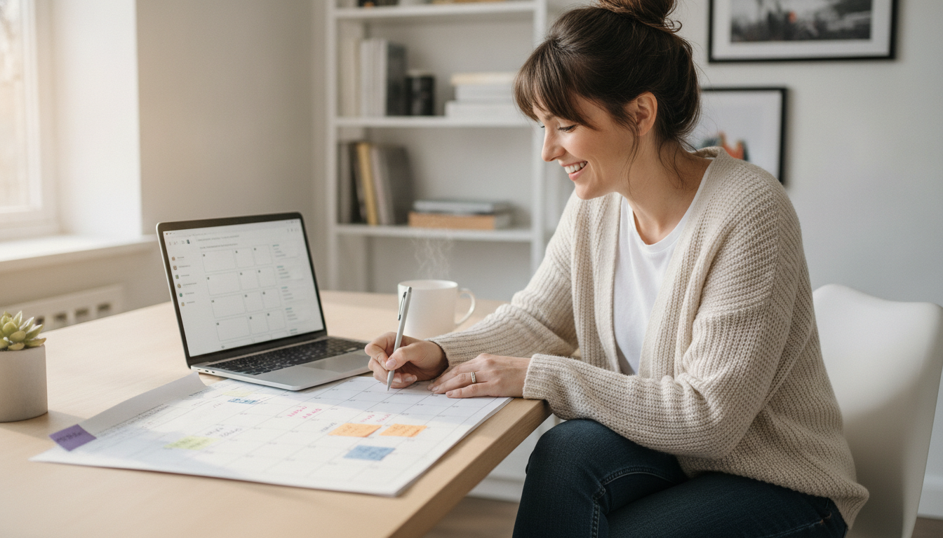 Small business owner planning content at a desk