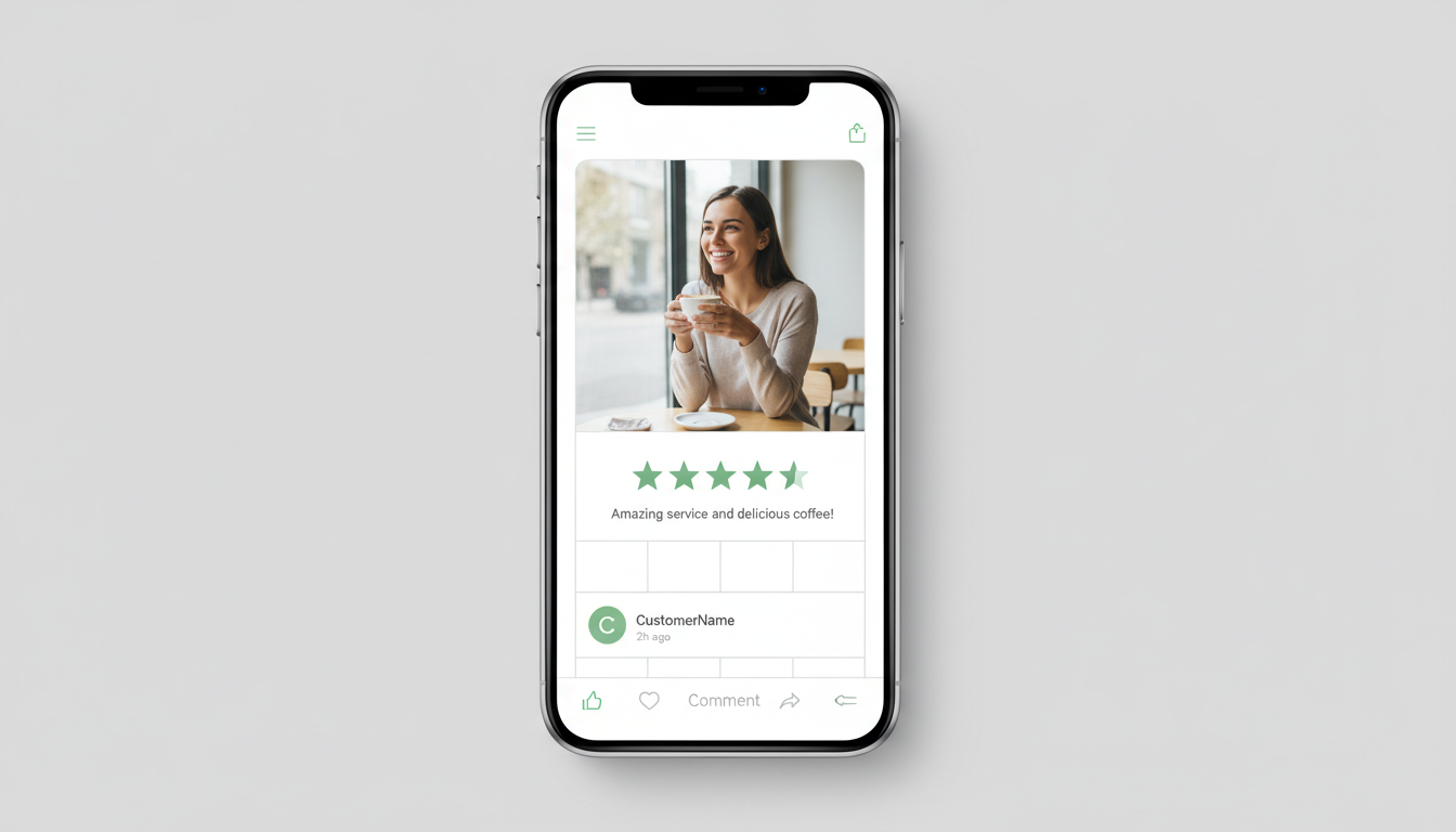 Smartphone screen mockup showing a customer photo and review style post